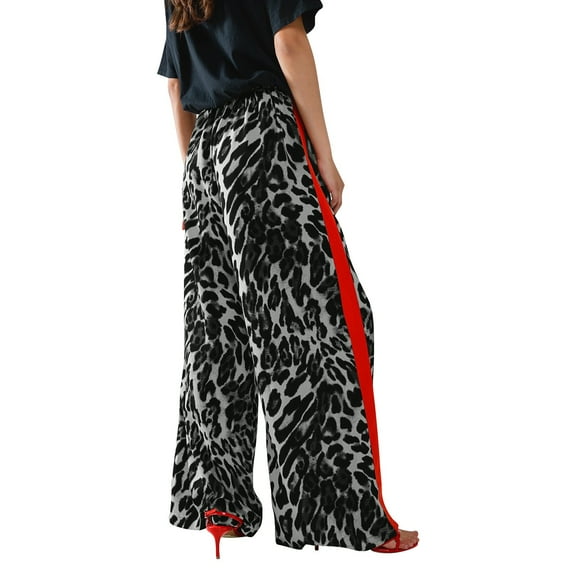 Lisingtool Trendy Pant for Women Women's Leopard Print And Red Drawstring Wide Leg Pant Black