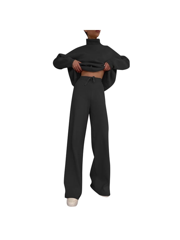 Two Piece Sets for Women Womens Long Sleeve Turtleneck Top High Waist Wide Leg Pants Set 2 Sweatshirt