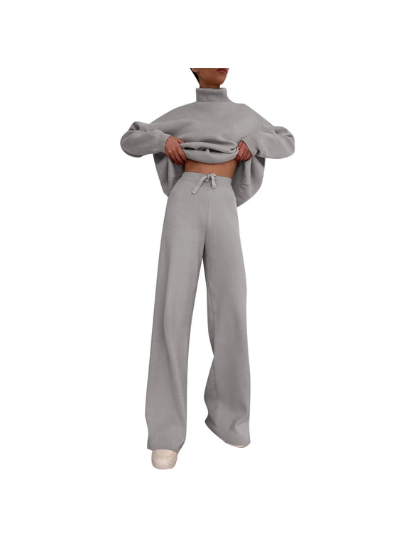 Two Piece Sets for Women Womens Long Sleeve Turtleneck Top High Waist Wide Leg Pants Set 2 Sweatshirt
