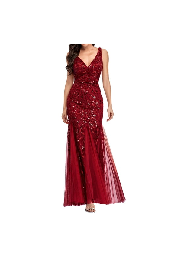 Wedding Guest Dresses for Women Womens Fishtail Evening Dresses Embroidered Sleeveless V Neck Wedding Bridesmaid Evening Long Dress Floor Length Prom Gowns