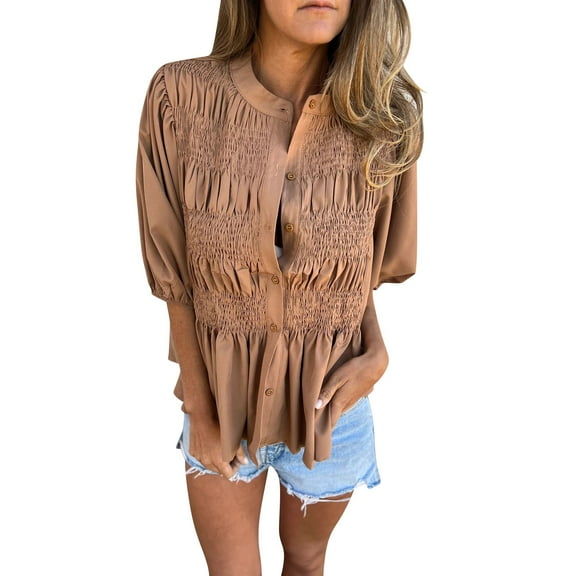Lisingtool Women's Summer Tops Casual Puff Short Sleeve V Neck Button Loose Ruched Top Shirt Pleated Ruffle Blouse Brown