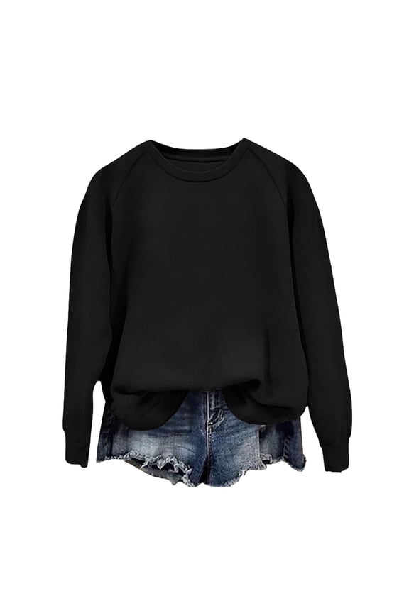 Women's Casual Long Sleeve Crewneck Sweatshirt Soft Comfy Loose Fit Pullover Top for Everyday Wear Black Black on