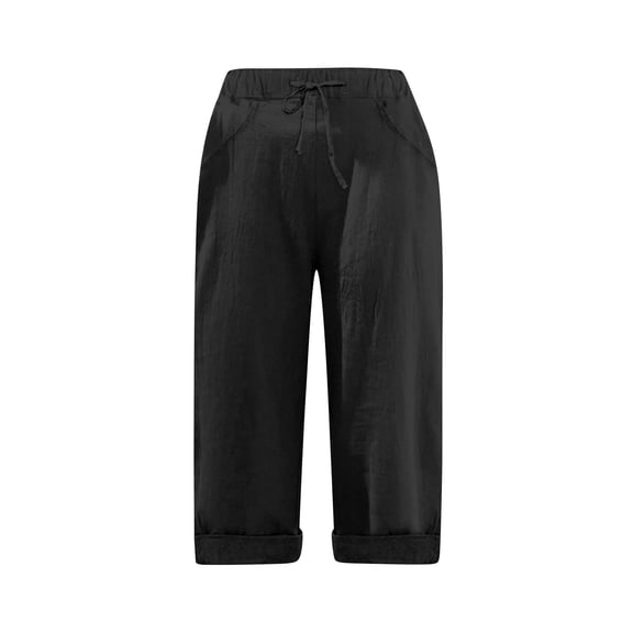 Lisingtool Women's Cotton And Linen Double Pocket Elastic Waist Quarter Pants Black