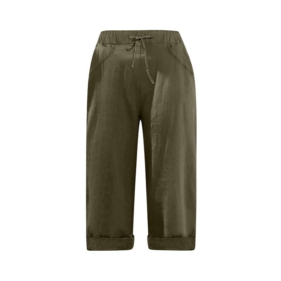 Lisingtool Women's Cotton And Linen Double Pocket Elastic Waist Quarter Pants Green