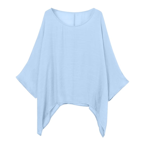 Lisingtool Women's Fashionable And Casual Large Size Loose Cotton Nine Point Sleeve Top T Shirt Light Blue