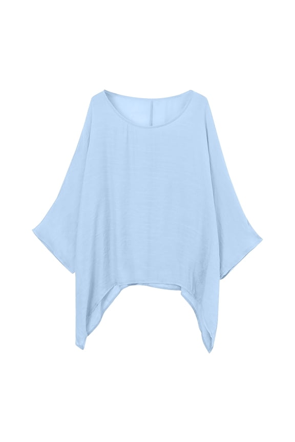 Women's Fashionable And Casual Large Size Loose Cotton Nine Point Sleeve Top T Shirt Light Blue