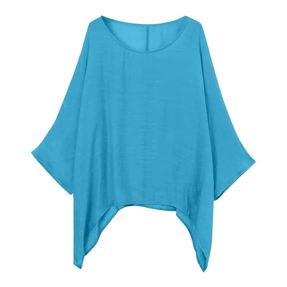 Lisingtool Women's Fashionable And Casual Large Size Loose Cotton Nine Point Sleeve Top T Shirt Sky Blue on