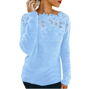 Clearance! Lisingtool Women's Floral Lace Patchwork Knit Sweater Crewneck Lace Patchwork Solid Color Long Sleeve Casual Knit Pullover Sweater Tops Flash Deal