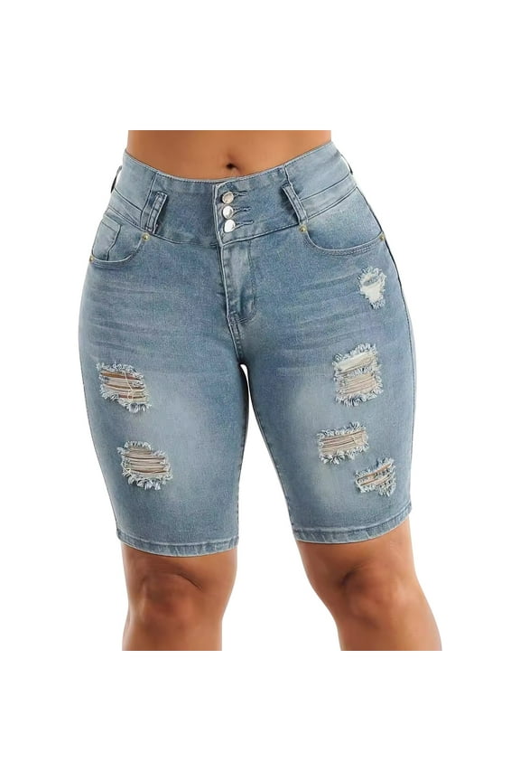Clearance! Lisingtool Women's Ripped Mid Denim Shorts Hem Stretch Jean Shorts Blue on Clearance