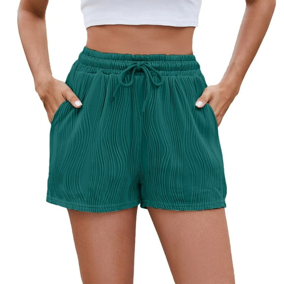 Clearance! Lisingtool Women's Spring Summer Solid Color Striped Shorts With Drawstring Pockets for Casual Wear Blue on Clearance