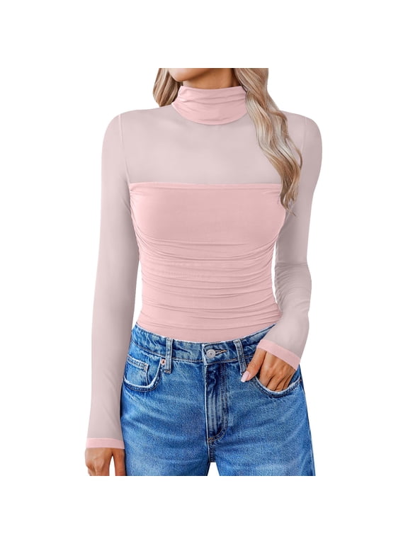 Womens Daily Under Shirt Mesh Sexy Top Long Sleeve Turtleneck Shirt Pink