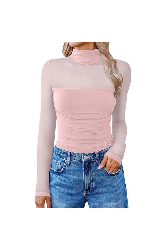 Womens Daily Under Shirt Mesh Sexy Top Long Sleeve Turtleneck Shirt Pink