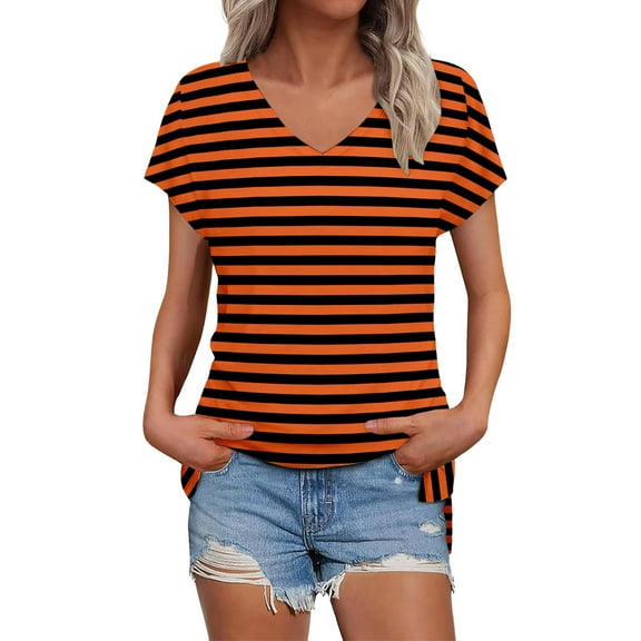 Lisingtool Womens Summer Daily Casual V Neck Shirts Short Sleeve Tops Blouses Loose Fit Shirt Orange