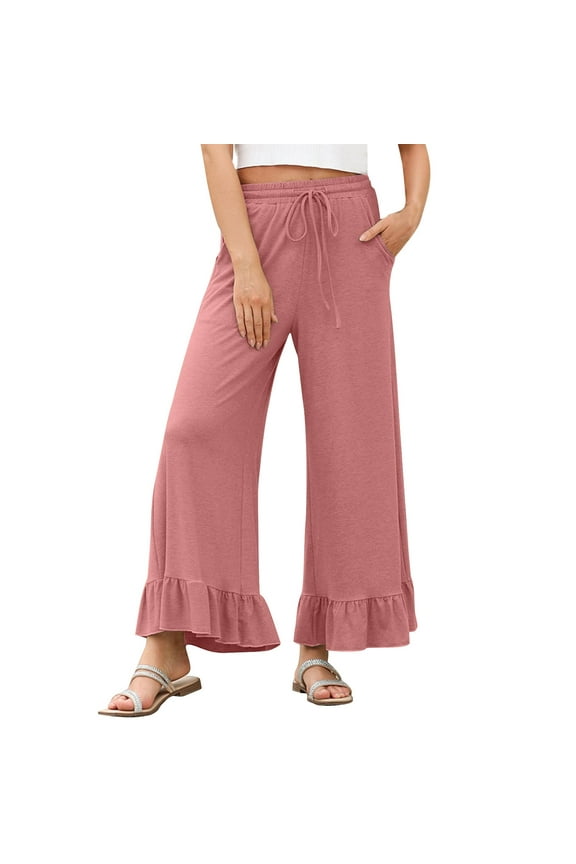 Womens Wide Leg Pants Drawstring Elastic High Waisted Ruffle Hem Palazzo Pants With Pockets Pink on