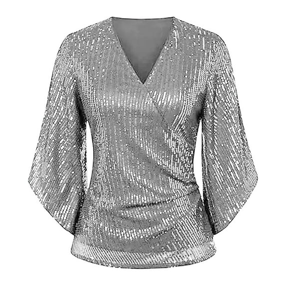 Lisingtool shirts for women trendy Womens Sequin Tops 3/4 Sleeve Glitter Sparkly Party Blouse V Neck Dressy Tops For Evening Party Grey