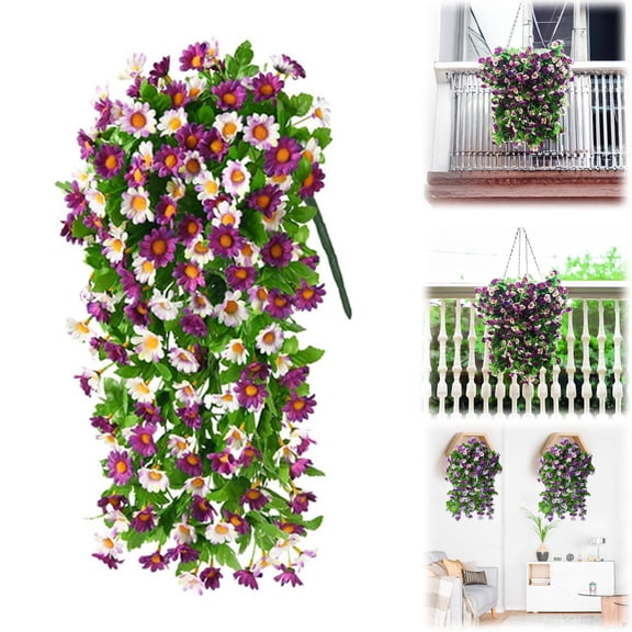 Clearance! Liulin Artificial Hanging Flowers for Outdoors, Fake Mums Artificial Flowers, Fake Hanging Plants Daisy Faux Silk Flower Bouquet for Wall Home Garden Wedding Decor, 15.7Inch, Purple
