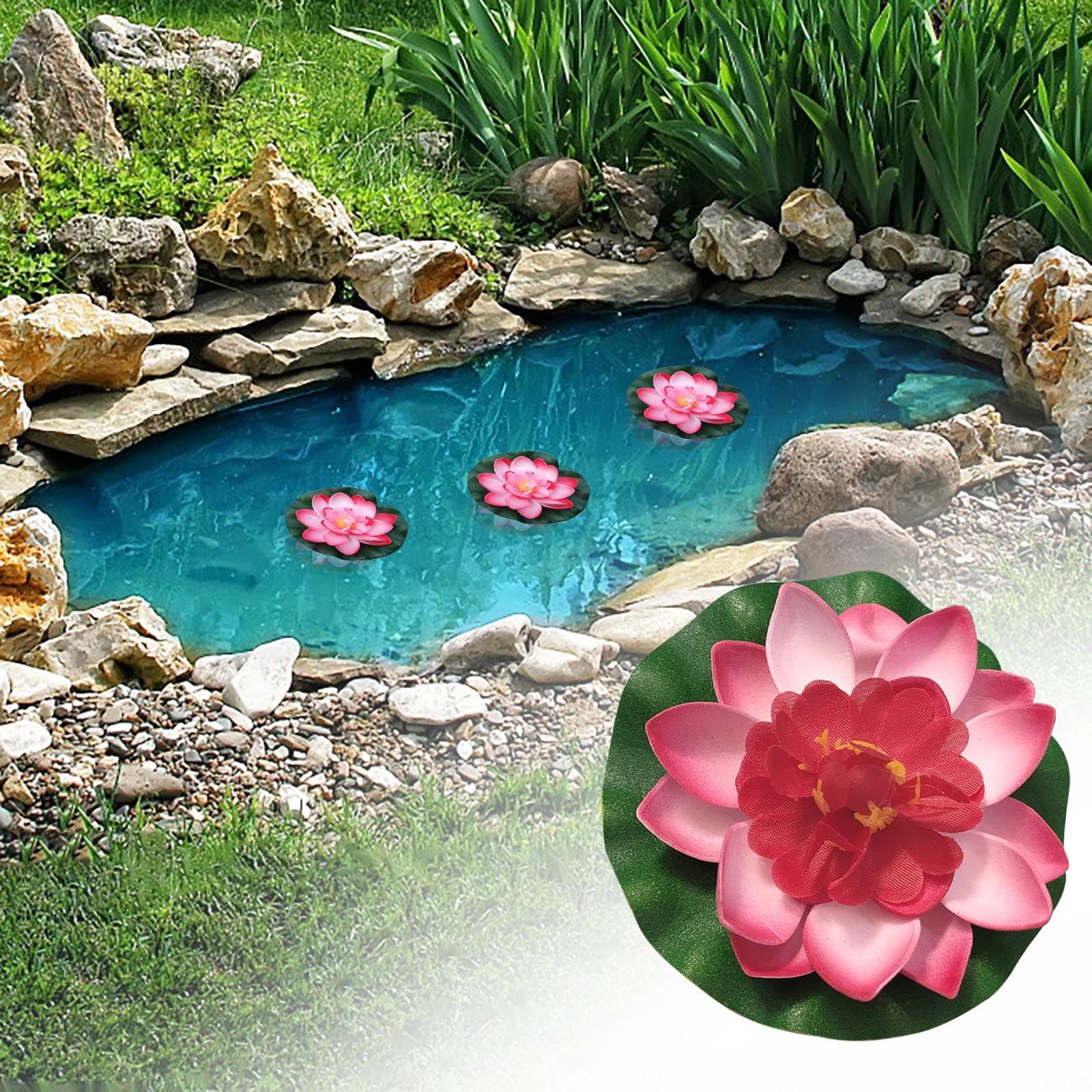 Clearance! Liulin Artificial Lotus Flower, Water Lilies Artificial Flowers with Lily Pads, Realistic Floating Foam Lotus Flowers for Outdoor Ponds Garden Fountain Home Decor, Water Lily, 3.9", Red
