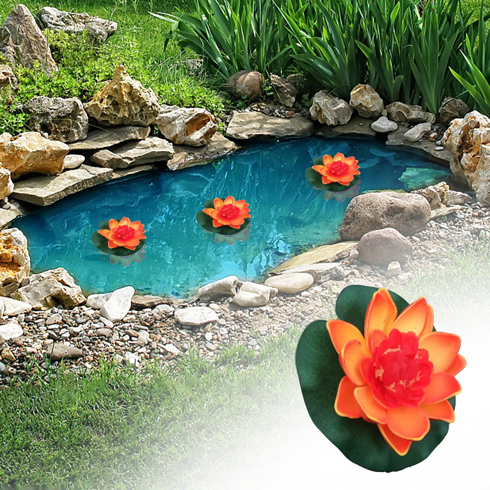 Clearance! Liulin Artificial Lotus Flower, Water Lilies Artificial Flowers with Lily Pads, Realistic Floating Foam Lotus Flowers for Outdoor Ponds Garden Fountain Home Decor, Water Lily, 3.9", Orange