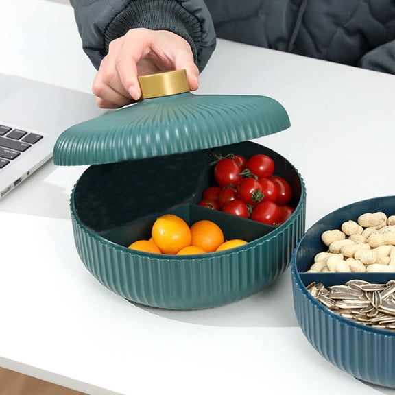 Clearance! Liulin Divided Serving Tray, 3 Compartments Round Snack Tray with Lid, Multi-purpose Snack Tray Organizer for Veggies, Fruits, Candy, and Nut, Removable Appetizer Tray, 8.1 Inch, Green