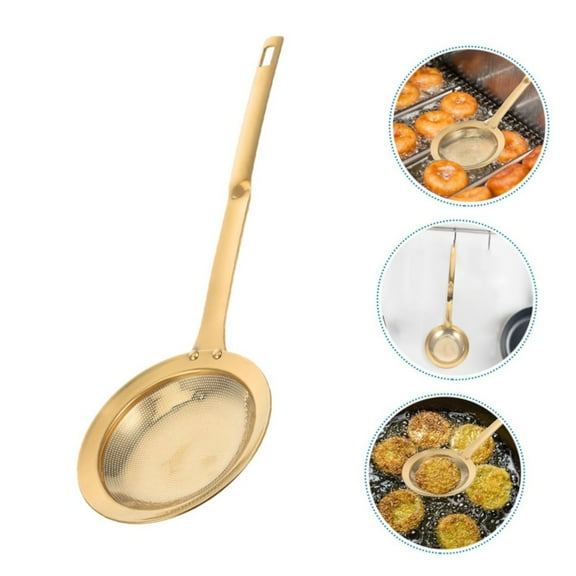 Clearance! Liulin Fat Skimmer Spoon, Stainless Steel Fine Mesh Strainer with Long Handle, Mesh Skimming Spoon for Skimming Grease, Gravy and Foam, Hot Pot Skimmer, Strainer Spoon, 3.4 Inch, Gold