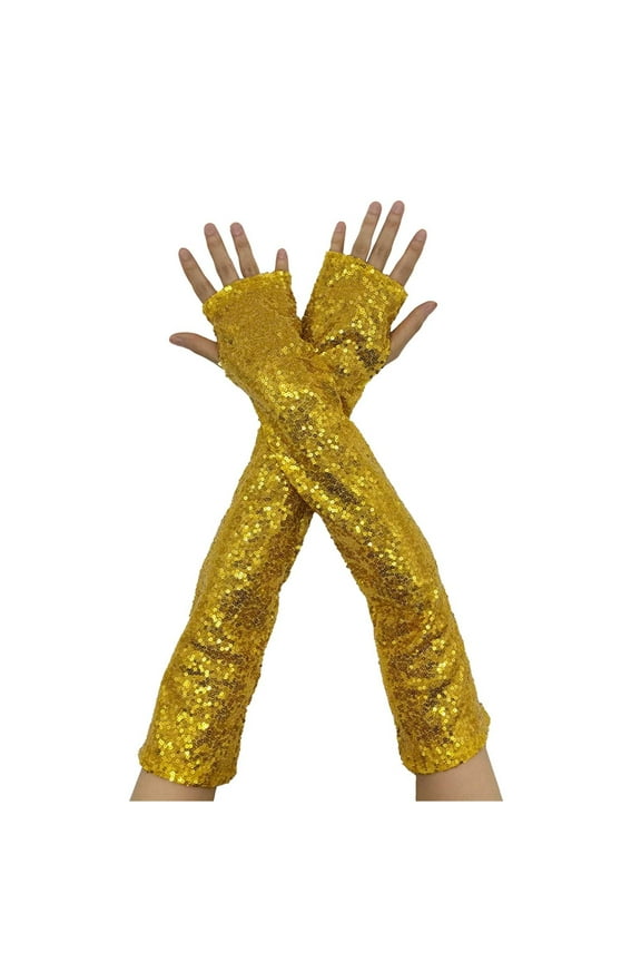 Long Sparkly Sequin Gloves for Women, Reflective Party Gloves with Elastic Fit, 19-inch Carnival Evening Gloves, Glitter Costume Accessories for Parties and Events Gold