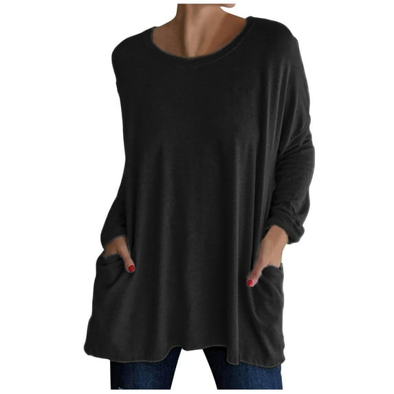 Long Sleeve Shirts for Women Hoodie for Women Pullover Spring And Fall Round Neck Long Sleeve Pocket Solid Top
