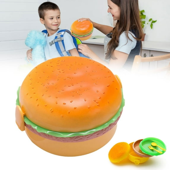 Clearance Lunch Bag under $5,Creative Hamburger Shape Lunch Box Large Capacity 3 Box With Fork Microwave Heated