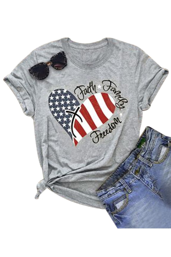 4th of July Shirts Women Faith Family Freedom Tshirt American Flag T Shirts Star Stripes Patriotic Shirts Top