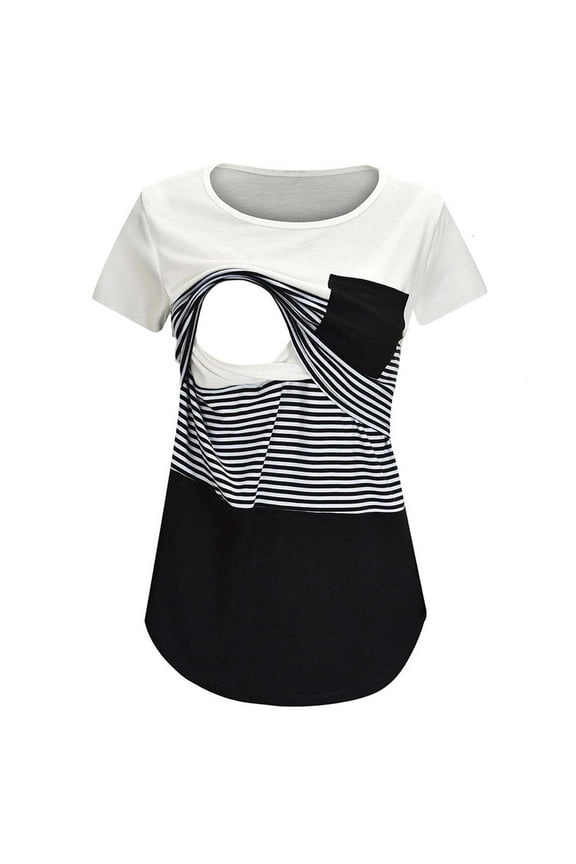 Maternity Round Neck Stripe Patchwork Short Sleeve Breast Feeding Pregnant Woman Nursing Blouse Tops T-Shirt Black XL