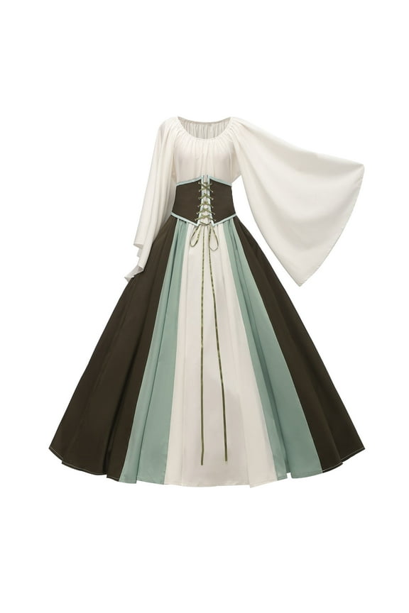 Medieval Renaissance Flared Sleeve Round Neck Drawstring Corset Pleated Vintage Dresses Goth Court Style Midi Dress Women