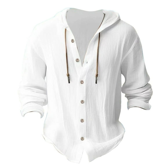 2025 Men Shirts,Men'S Button Up Long Sleeved Solid Cotton And Linen Hooded Shirt