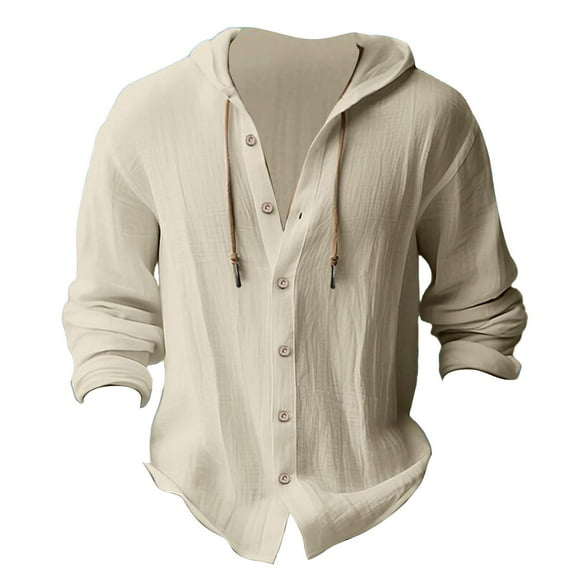 2025 Men Shirts,Men'S Button Up Long Sleeved Solid Cotton And Linen Hooded Shirt