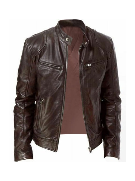Clearance Men Tops,Clearance Sales Men's Leather & Faux Leather Jackets & Coats Men Vintage Cool Jacket Leather Long Sleeve Autumn Winter Stand Collar Club Coat