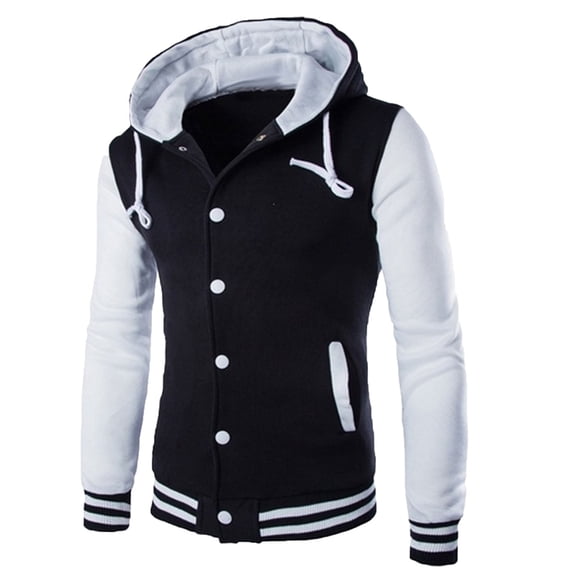 Men's Fashion Hooded Varsity Jacket Colorblock Button Cardigan Baseball Jacket Autumn Warm Versatile Outerwear
