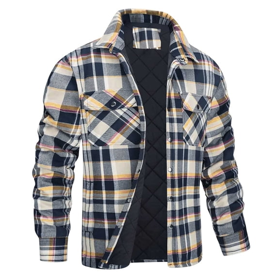 Men's Flannel Plaid Shirt Laper Fleece Lined Warm Loose Jacket Casual Long Sleeve Quilted Flannel Shirt Coat