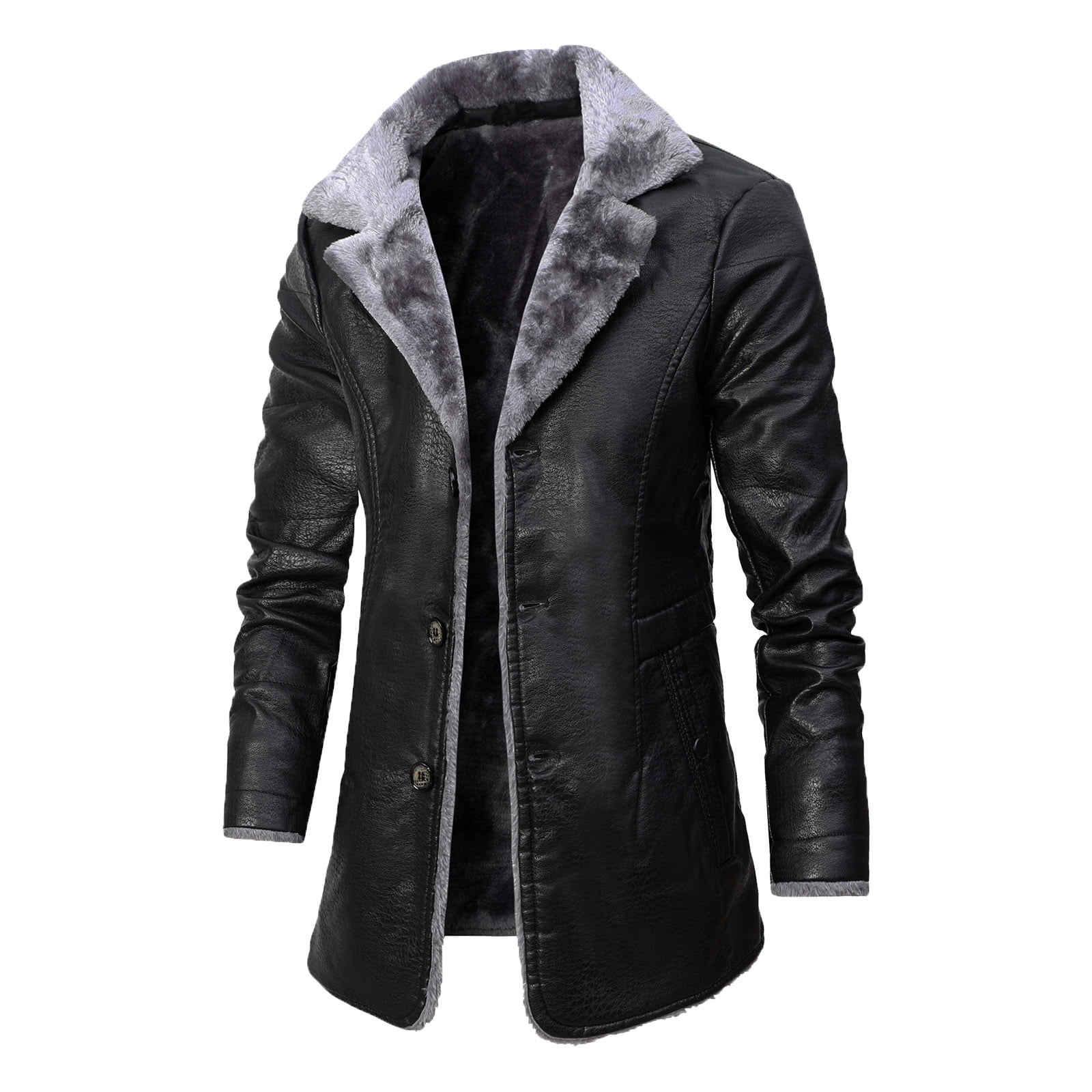 Olyvenn Clearance Men's Fashionable Thick Leather Coat Long Sleeve Stand  Collar Zip Up Pocket Hooded Casual Leather Coat Warm Windproof Coat Faux  Outwear Jackets Club Trench Coat Gray 6 