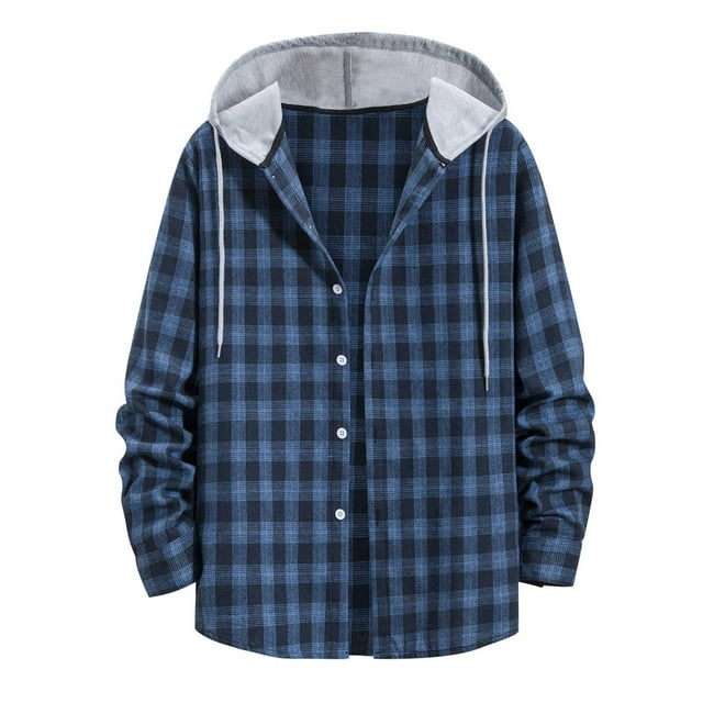 Clearance Men's Quilted Flannel Shirt Jacket with Hood Long Sleeve Classic Plaid Shirt Loose