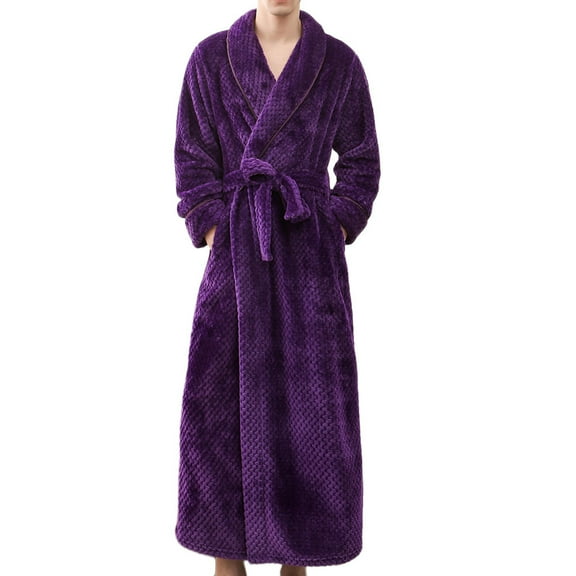 Clearance Mens Bathrobe Big and Tall Full Length Fleece Plaid Robe Bathrobe Shawl Collar Warm Winter House Robes
