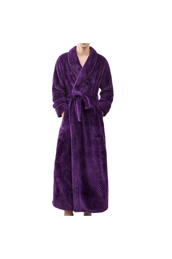 Clearance Mens Bathrobe Big and Tall Full Length Fleece Plaid Robe Bathrobe Shawl Collar Warm Winter House Robes
