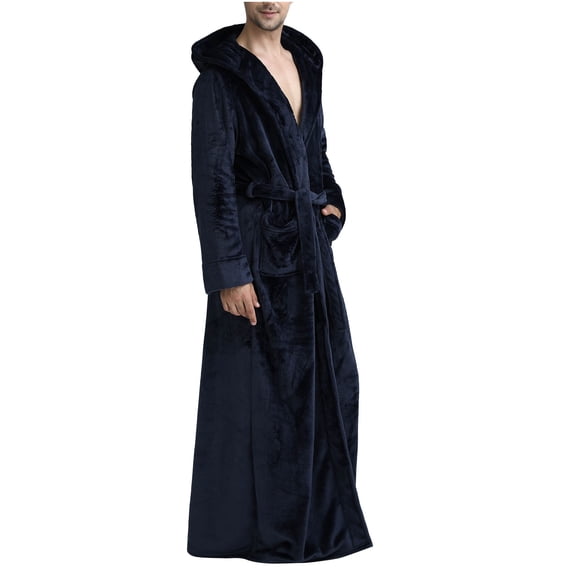 Clearance Mens Bathrobe Big and Tall Full Length Plush Fleece Hooded Robe Bathrobe Shawl Collar Warm Winter House Robes