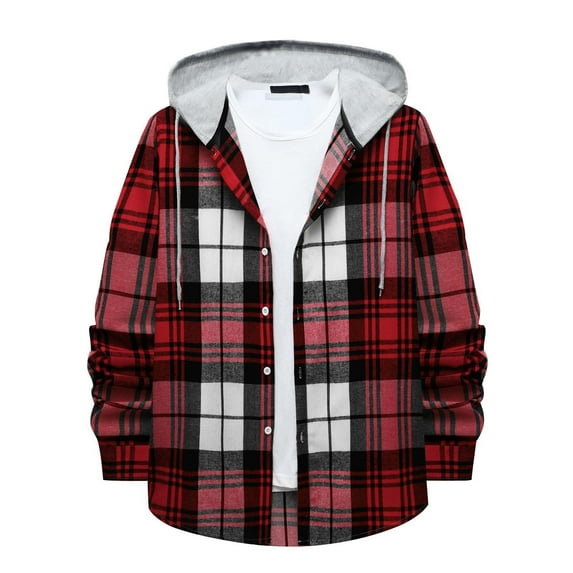 Clearance Mens Flannel Plaid Shirts Button Down Long Sleeve Casual Hooded Shirts Soft Regular Fit Outdoor Shirt