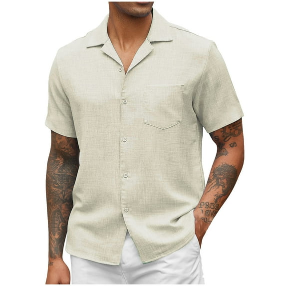 Mens Plus Size Shirts Short Sleeve V Neck Button Down Solid Color Linen Work Shirt with Pocket Casual Loose Summer Hawaiian Beach Shirts