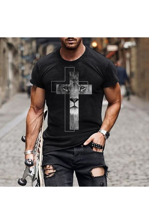 Mens Plus Size Tshirts Round Neck Short Sleeve Jesus Cross 3D Printing Funny Casual Graphic Tees Tops Christian Religious Bible Loose T-Shirts