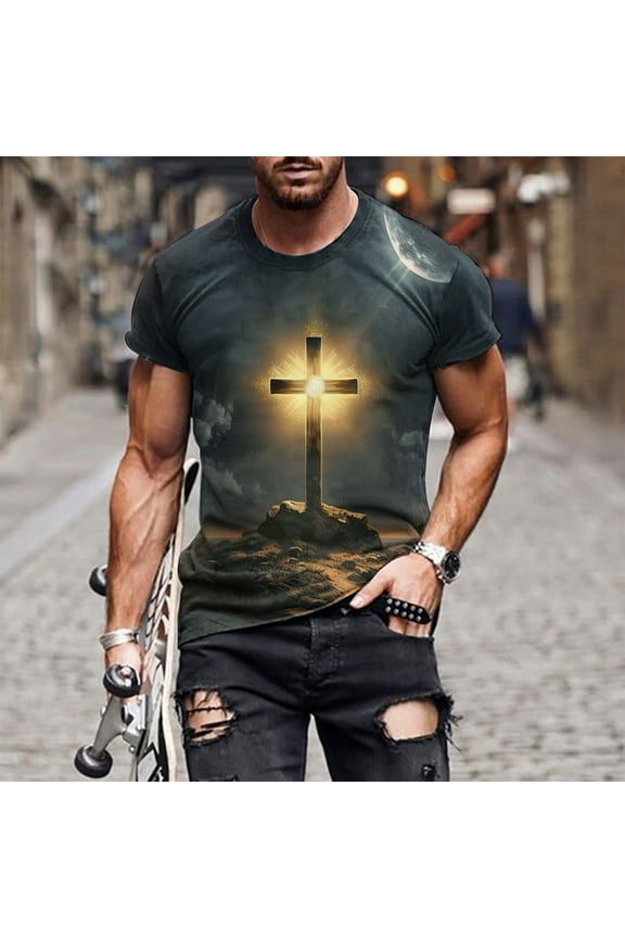 Mens Plus Size Tshirts Round Neck Short Sleeve Jesus Cross 3D Printing Funny Casual Graphic Tees Tops Christian Religious Bible Loose T-Shirts