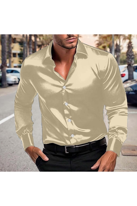 Mens Shirts Men's Mens Dress Shirts Dancing Party Clubwear Vintage Hipster Nightclub Bright Shirt Casual Long Sleeve Turndown Collar Sparkly Disco Sequin Tops Beige L