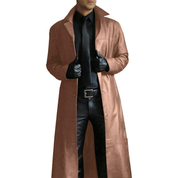 Clearance! Mens Trench Coat Black Trench Coat Men Long Cardigan Button Solid Color Leather Windbreaker Long Sleeve Coat Leather Trench Coat Men