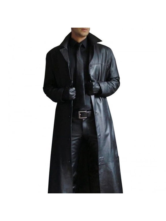 Clearance! Mens Trench Coat Black Trench Coat Men Long Cardigan Button Solid Color Leather Windbreaker Long Sleeve Coat Leather Trench Coat Men