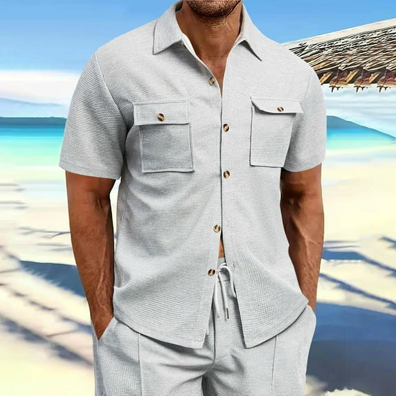 Xunlbb Men's Shirts Mens Dress Shirts Men's Casual Solid Color Collared Buttoned Pocket Short Sleeve Shirt Gift for Him, S-3XL