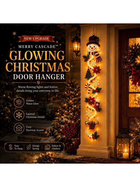 Clearance Merry Cascade Glowing Christmas Door Hanger, LED Lighted Christmas Door Hanging Decor with Warm Lights, Vertical Entryway Ornament for Front Door & Door Side