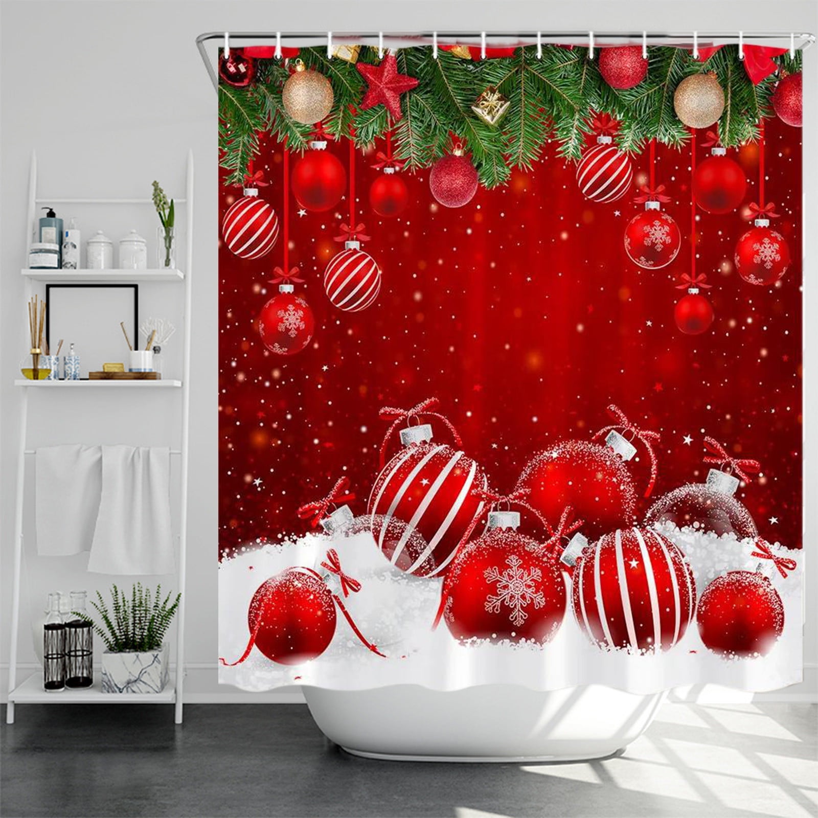 Clearance Merry Christmas Shower Curtain Red Christmas Ball Berry White Xmas Snow Pine Fir Branch Leaf Winter Holiday Glittering Bling Happy New Year
